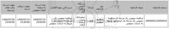 مناقصه عمومی یک مرحله ای مناقصه عمومی یک مرحله ای  انجام امور مربوط به خدمات عمومی