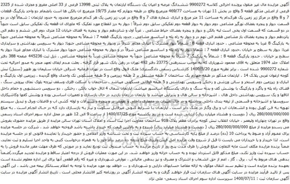 آگهی مزایده ششدانگ عرصه و اعیان یک دستگاه اپارتمان به پلاک ثبتی 13998 فرعی از 33 اصلی