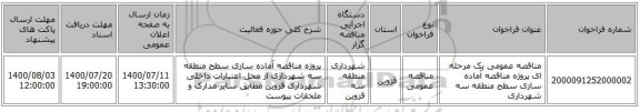 مناقصه عمومی یک مرحله ای پروژه مناقصه آماده سازی سطح منطقه سه شهرداری