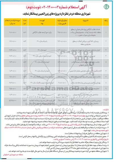 استعلام خدمات نظارت کارگاهی پروژه های عمرانی ... - نوبت دوم