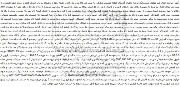 آگهی مزایده ششدانگ عرصه واعیان آپارتمان قطعه هشتم تفکیکی به مساحت 88 مترمربع 