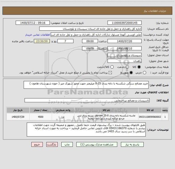 استعلام خرید مصالح سنگی شکسته با دانه بندی 25-0 میلیمتر جهت محور شهرک میر ( حوزه شهرستان هامون ) 