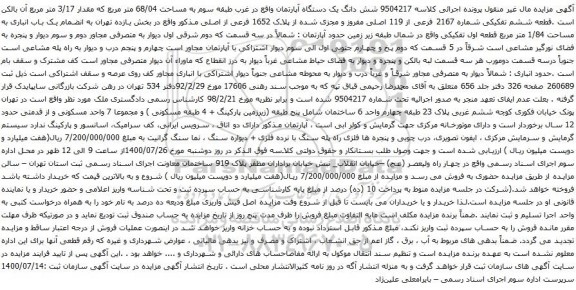 آگهی مزایده شش دانگ یک دستگاه آپارتمان واقع در غرب طبقه سوم به مساحت 68/04 متر مربع