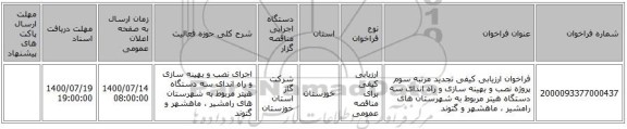 فراخوان ارزیابی کیفی تجدید مرتبه سوم پروژه نصب و بهینه سازی و راه اندای سه دستگاه هیتر مربوط به شهرستان های رامشیر ، ماهشهر و گتوند