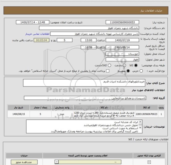 استعلام خریدتابلوبرقهای دانشکده ادبیات قدیم