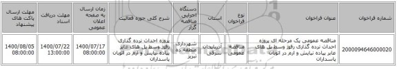 مناقصه عمومی یک مرحله ای پروژه احداث نرده گذاری رفوژ وسط پل های عابر پیاده نیایش و ارم در اتوبان پاسداران