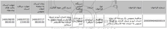 مناقصه عمومی یک مرحله ای پروژه احداث آبرو و جدول گذاری در کوچه منتهی به خیابان ثقه الاسلام شمالی