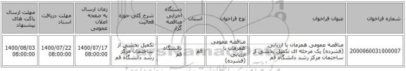 مناقصه عمومی همزمان با ارزیابی (فشرده) یک مرحله ای تکمیل بخشی از ساختمان مرکز رشد دانشگاه قم