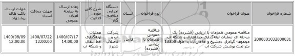 مناقصه عمومی همزمان با ارزیابی (فشرده) یک مرحله ای عملیات لوله‌گذاری خط انتقال و شبکه آب مجموعه گیاه‌زار، ده‌شیخ و حاجی‌آباد به طول 13350 متر تحت پوشش شرکت آب