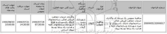 مناقصه عمومی یک مرحله ای واگذاری خدمات حفاظت فیزیکی اماکن ،ساختمانهای ادارای ،تاسیسات و غیره شهرداری وسازمانهای  تابعه  و  هدایت راه بندها  توسط نیروی