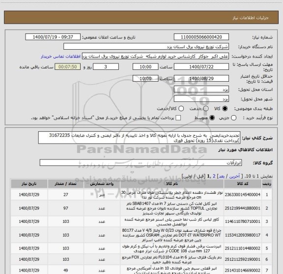 استعلام تجدیدخریدایمنی  به شرح جدول با ارایه نمونه کالا و اخذ تاییدیه از دفتر ایمنی و کنترل ضایعات 31672235 )پرداخت نقدی(15 روزه) تحویل فوری 