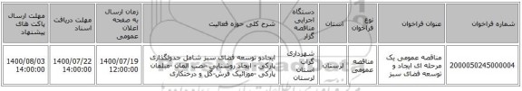 مناقصه عمومی یک مرحله ای ایجاد و توسعه فضای سبز