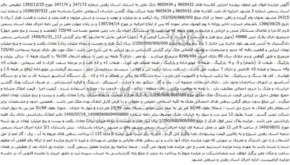 آگهی مزایده ششدانگ اعیان یک باب زمین محصور بمساحت 725/40