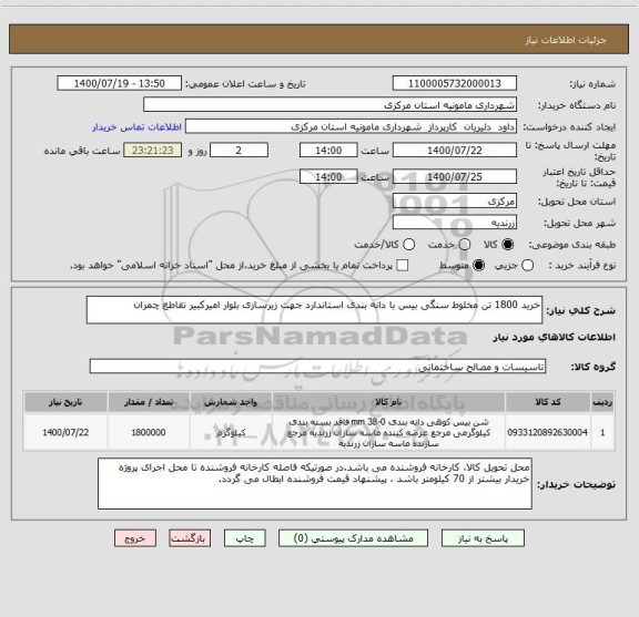 استعلام خرید 1800 تن مخلوط سنگی بیس با دانه بندی استاندارد جهت زیرسازی بلوار امیرکبیر تقاطع چمران