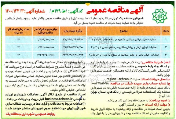 مناقصه، مناقصه عملیات اجرای تراش و روکش مکانیزه 