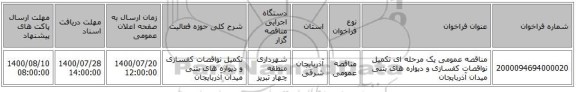 مناقصه عمومی یک مرحله ای تکمیل نواقصات کفسازی و دیواره های بتنی میدان آذربایجان