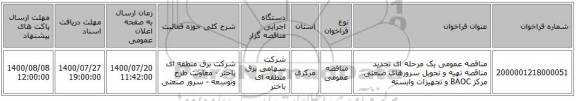 مناقصه عمومی یک مرحله ای تجدید مناقصه تهیه و تحویل سرورهای صنعتی مرکز BAOC و تجهیزات وابسته 