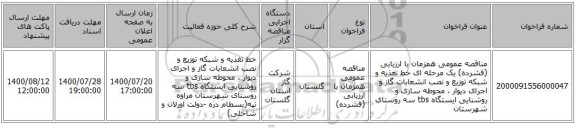 مناقصه عمومی همزمان با ارزیابی (فشرده) یک مرحله ای خط تغذیه و شبکه توزیع و نصب انشعابات گاز و اجرای دیوار ، محوطه سازی و روشنایی ایستگاه tbs سه روستای شهرستان