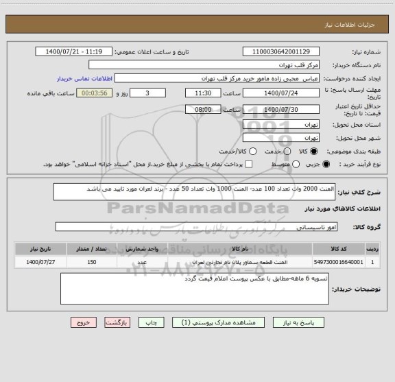 استعلام المنت 2000 وات تعداد 100 عدد- المنت 1000 وات تعداد 50 عدد - برند لعران مورد تایید می باشد