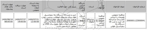 مناقصه عمومی همزمان با ارزیابی (فشرده) دو مرحله ای خرید و نصب 16 دستگاه رله دیفرانسیل طولی