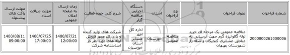 مناقصه عمومی یک مرحله ای خرید لوله گالوانیزه گرم جهت آبرسانی به مناطق عشایری کنجیگان و شله زار شهرستان بهبهان