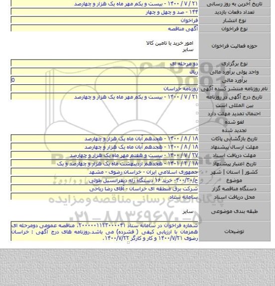 ح/۴۰۰/۳۰- خرید ۱۶ دستگاه رله دیفرانسیل طولی