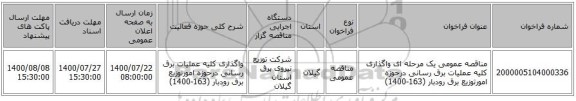 مناقصه عمومی یک مرحله ای واگذاری کلیه عملیات برق رسانی درحوزه امورتوزیع برق رودبار (163-1400)