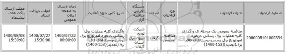 مناقصه عمومی یک مرحله ای واگذاری کلیه عملیات برق رسانی درحوزه امورتوزیع برق رودسر-روستاهای فاقد برق(تجدید)(153-1400)