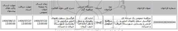 مناقصه عمومی یک مرحله ای فوگسیل سطح راههای اصلی و فرعی و روستایی شهرستان جیرفت و عنبرآباد