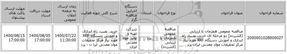 مناقصه عمومی همزمان با ارزیابی (فشرده) دو مرحله ای خرید، نصب، راه اندازی و آموزش دستگاه XRF مورد نیاز مرکز تحقیقات مواد معدنی ایران-یزد