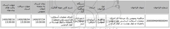 مناقصه عمومی یک مرحله ای اجرای عملیات آسفالت اساسی نصر جنوبی یاغچیان و    بلوار بهشت در کوی فردوس  