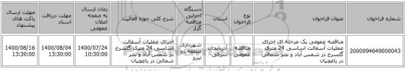 مناقصه عمومی یک مرحله ای اجرای عملیات آسفالت اساسی 24 متری گلسرخ در شمس آباد و نصر شمالی در یاغچیان  