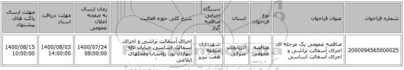 مناقصه عمومی یک مرحله ای اجرای  آسفالت تراشی و اجرای آسفالت اساسی