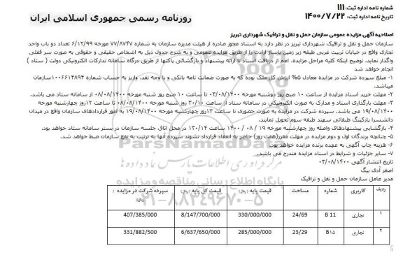 اصلاحیه،اصلاحیه مزایده دو باب مغازه تجاری