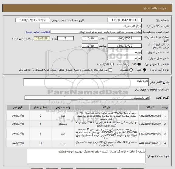 استعلام لوازم پکیج