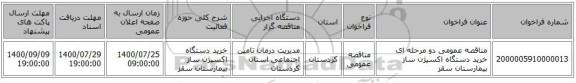 مناقصه عمومی دو مرحله ای خرید دستگاه اکسیژن ساز بیمارستان سقز