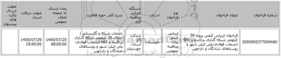 فراخوان ارزیابی کیفی پروژه 30 کیلومتر شبکه گذاری پراکنده و 600 انشعاب فولادی-پلی اتیلن شهر و روستاهای شادگان و دارخوین