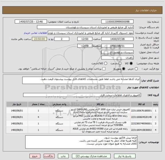 استعلام ایران کدها مشابه می باشد لطفا طبق مشخصات کالاهای فایل پیوست پیشنهاد قیمت دهید.
