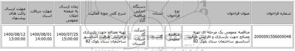 مناقصه عمومی یک مرحله ای تهیه مصالح جهت بازسازی و افزایش ظرفیت آسانسور ساختمان ستاد بلوک B2