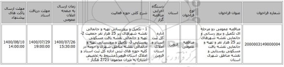 مناقصه عمومی دو مرحله ای تکمیل و بروز رسانی و جانمایی نقشه شهرهای زیر 25 هزار نفر و تهیه و جانمایی نقشه بافت مسکونی روستایی و نقشه مناطق شهری استان 