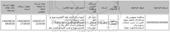 مناقصه عمومی یک مرحله ای تکمیل پروژه تأمین آب شرب باریکاب شهرستان اندیمشک(نوبت دوم)