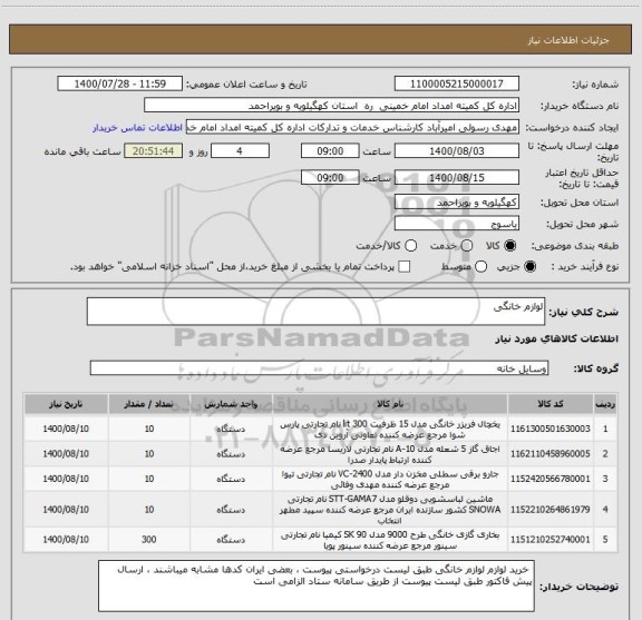 استعلام لوازم خانگی 