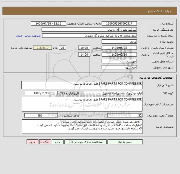 استعلام SPARE PARTS FOR COMPRESSOR طبق تقاضای پیوست