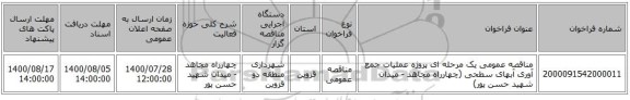 مناقصه عمومی یک مرحله ای پروژه عملیات جمع آوری آبهای سطحی (چهارراه مجاهد - میدان شهید حسن پور)