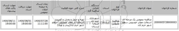 مناقصه عمومی یک مرحله ای اسفالت معابر خودرویی سطح شهر خرم آباد