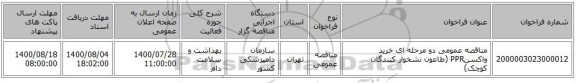 مناقصه عمومی دو مرحله ای خرید واکسنPPR (طاعون نشخوار کنندگان کوچک)