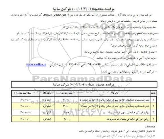 مزایده،مزایده محدود فروش تینر و روغن ضایعاتی رستوران