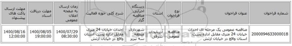 مناقصه عمومی یک مرحله ای احداث خیابان 24 متری مقابل اداره پست استان واقع در خیابان ارتش