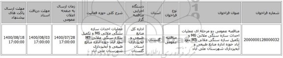 مناقصه عمومی دو مرحله ای عملیات احداث سازه سنگی ملاتی M6 و تکمیل سازه سنگی ملاتی M5 محمد آباد حوزه اداره منابع طبیعی و آبخیزداری شهرستان علی آباد