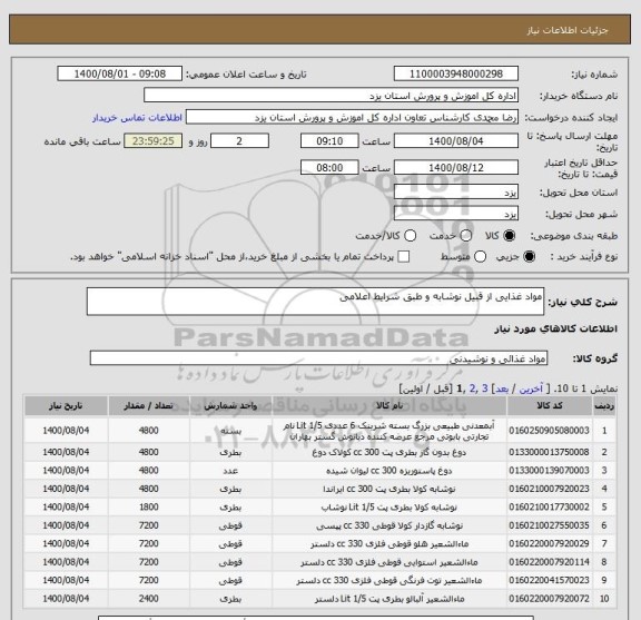 استعلام مواد غذایی از قبیل نوشابه و طبق شرایط اعلامی